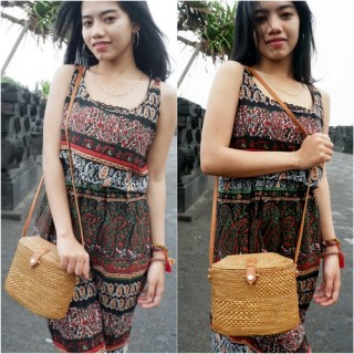 women handbag long handle leather ata rattan grass handmade bali